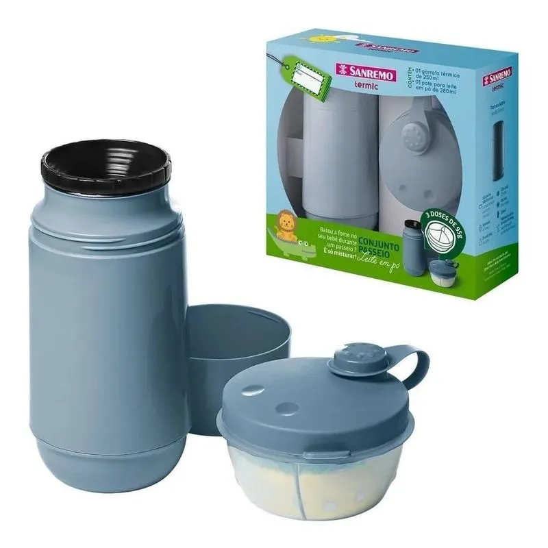 5x Conjunto Passeio Garrafa 250ml + Pote Para Leite Em Po Az