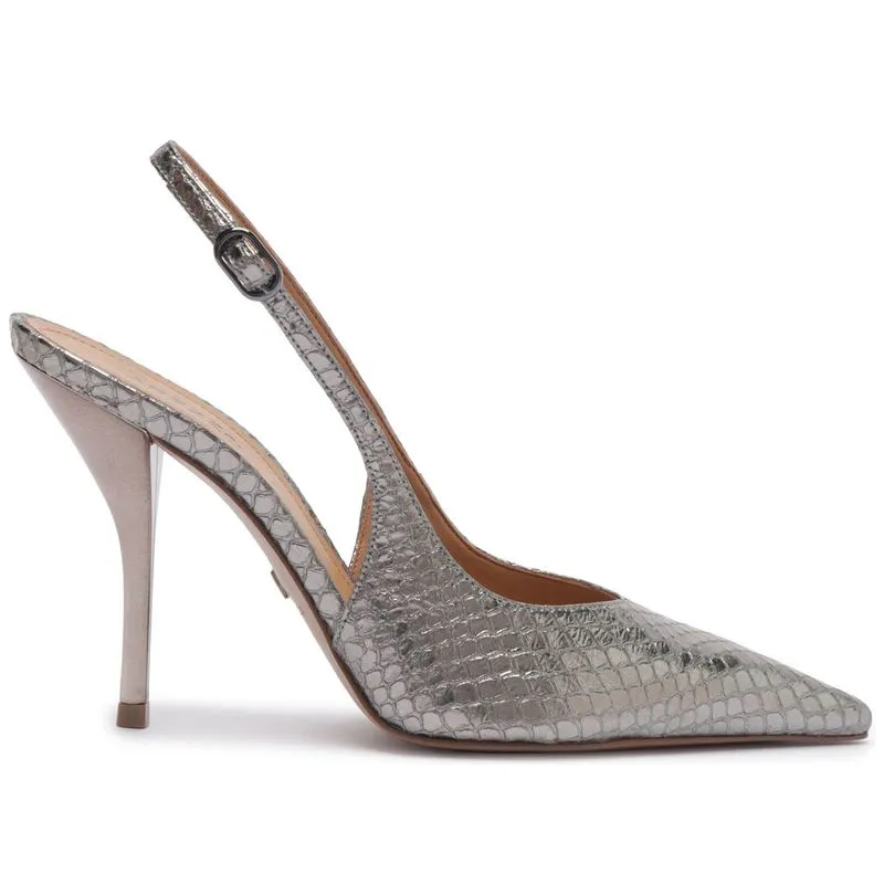 Scarpin Arezzo Prateado Couro Salto Fino Slingback 1385 SNAKE PULSE - PRATA VELHO - 36