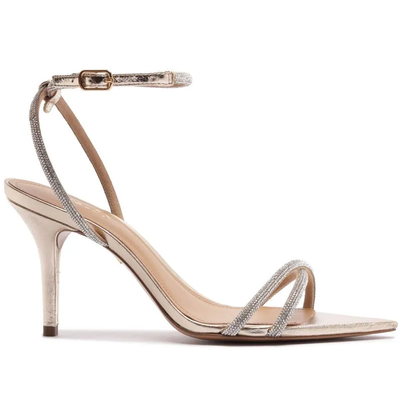 Sandália Arezzo Dourada Salto Fino Strass MEIA CANA/S - CRISTAL/PLA - 36