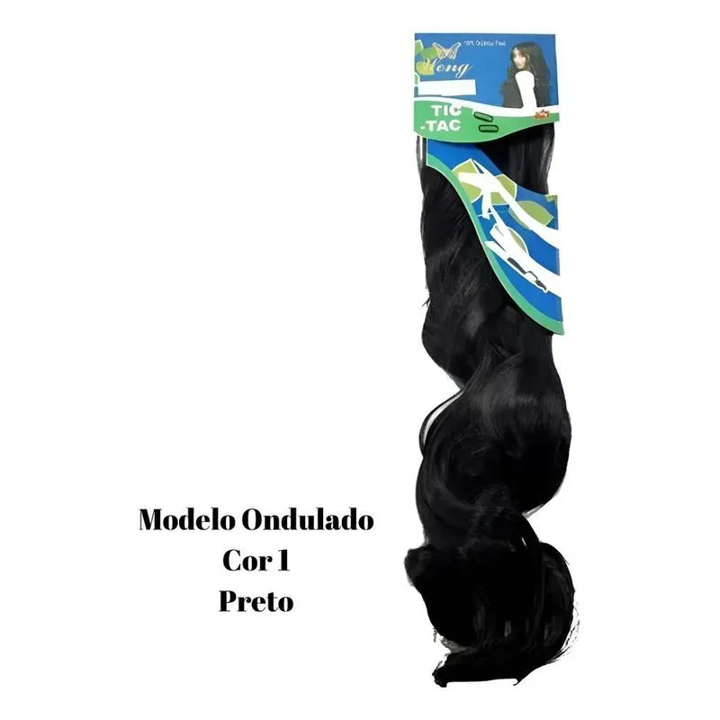 Kit 2 Apliques Orgânico Cabelo Tic Tac 70cm - Preto Ondulado