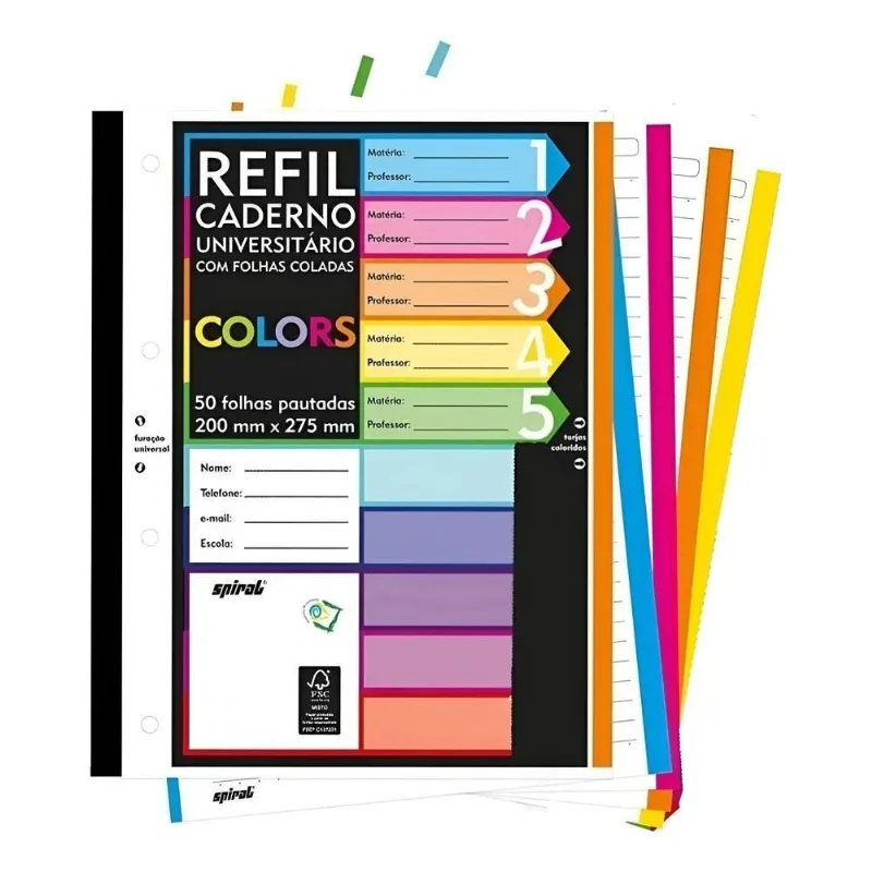 Folha Fichário Bloco C/250 Fls Coladas Refil Color 4 Furos