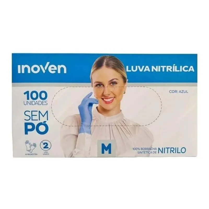 Luvas Descartáveis Antiderrapantes Inoven Nitrílica Cor Azul