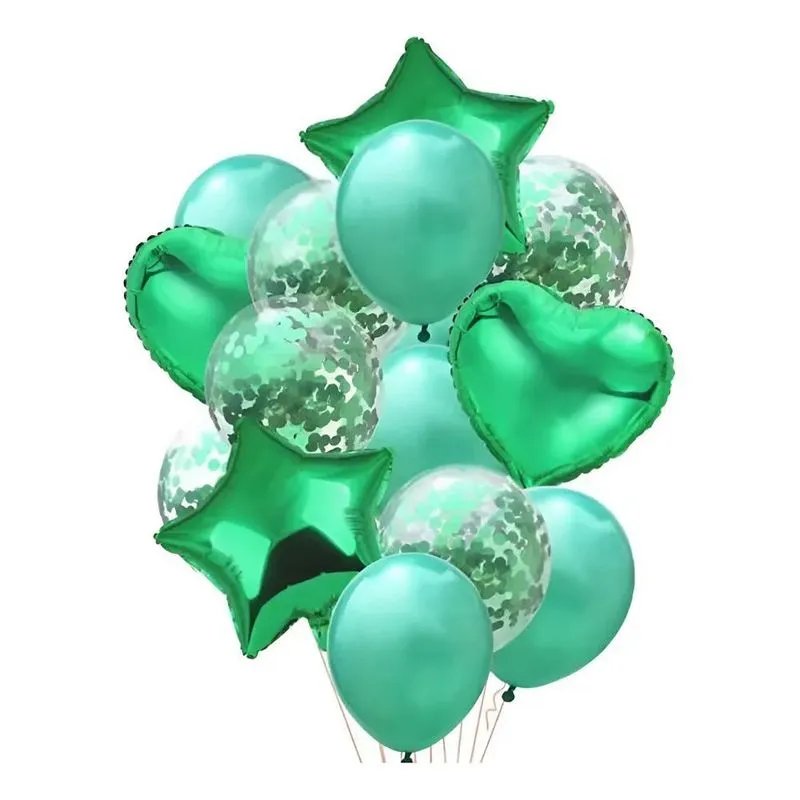 Kit 14 Balões Festa: Metalizados Coração/estrela + L - Verde