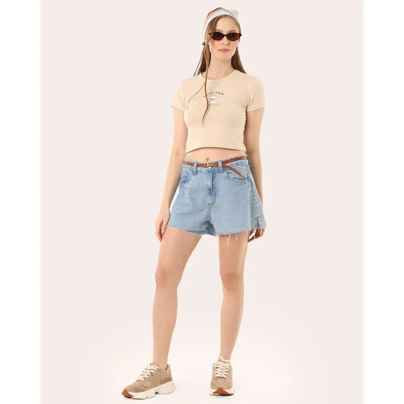 Short Jeans Feminino Reta Barra Desfiada com Cinto Azul 46