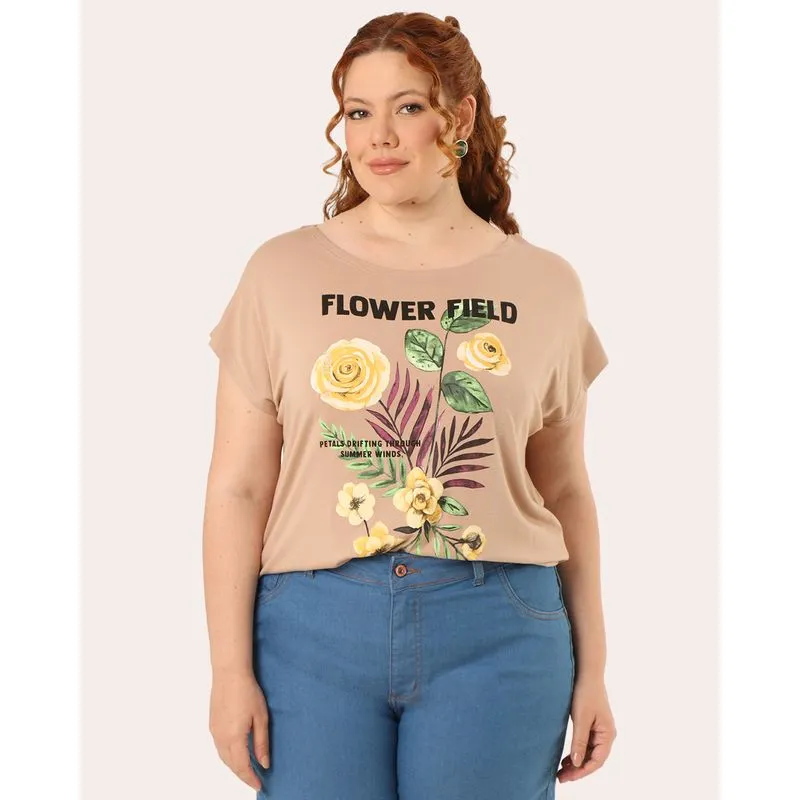Blusa Feminina Plus Size Manga Curta Bege G1