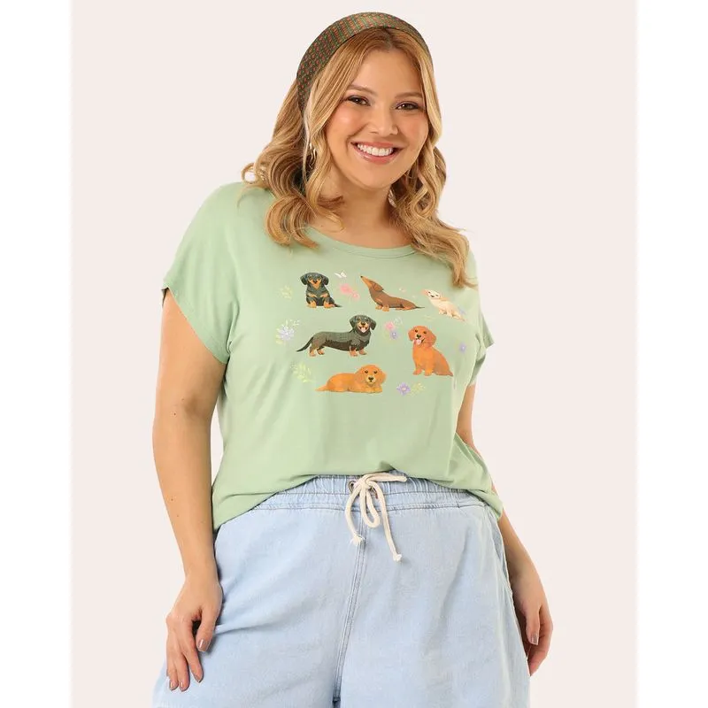 Blusa Plus Size Feminina com Estampa Cachorros Verde G3