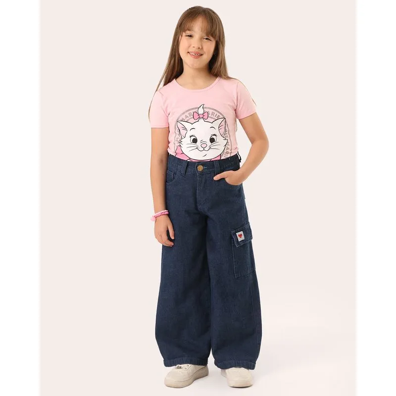 Calça Jeans Infantil Wide Leg Cargo Azul Escuro UN