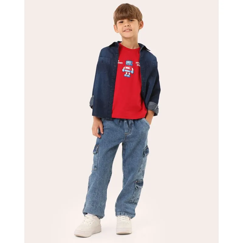 Calça Jeans Infantil Marmorizada Bolsos Cargo Azul 10