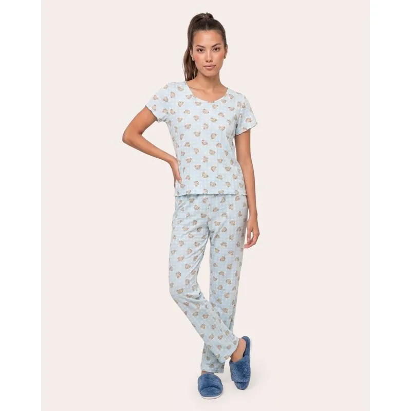 Pijama Feminina Longo Ribana Xadrez Estampa Urso Azul P