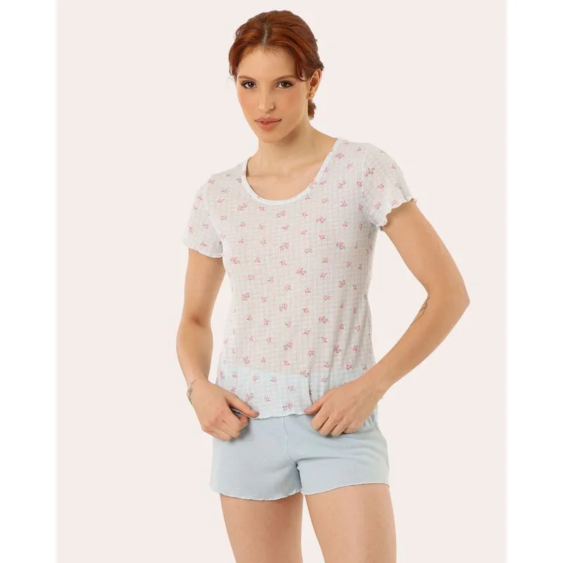 Pijama Feminino Canelado Floral Azul Claro P