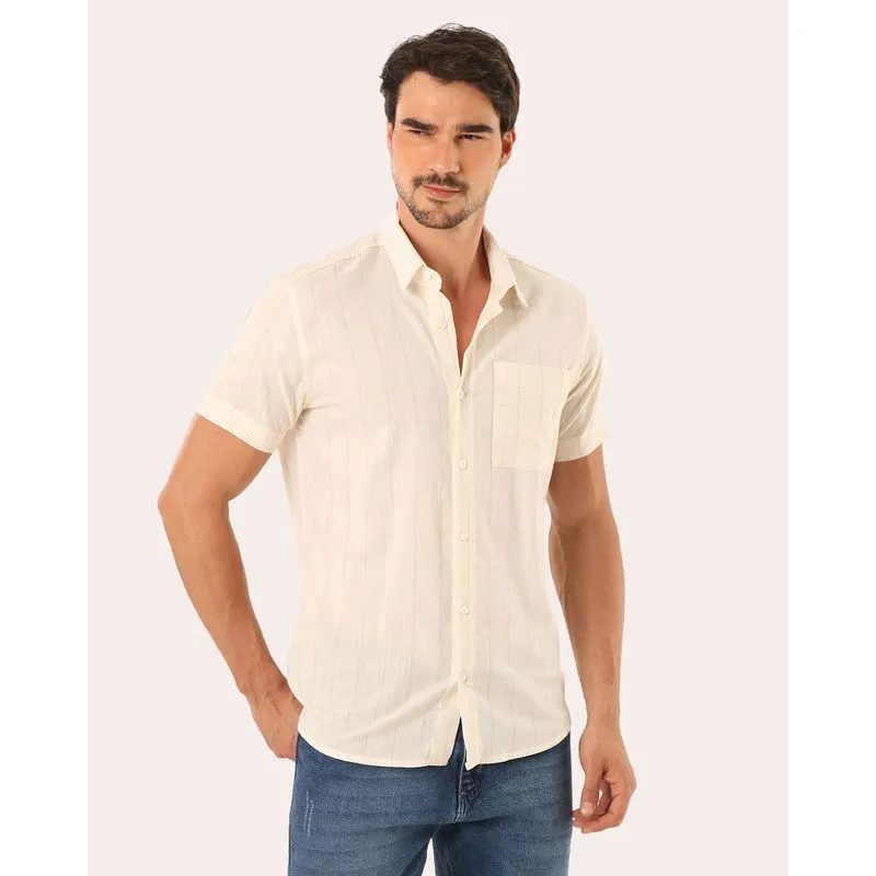 Camisa Masculina Listrada Linho Bolso Manga Curta Off White GG