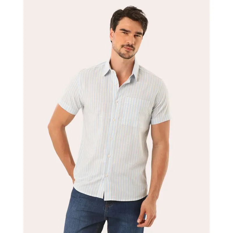 Camisa Masculina Algodão Listrada Bolso Manga Curta Azul XG