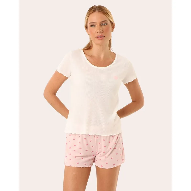 Pijama Feminino Curto Manga Curta Off White M