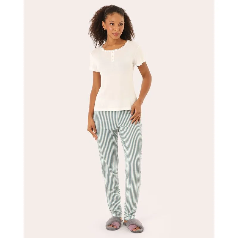 Pijama Feminino Manga Curta Renda Calça Listrada Off White P