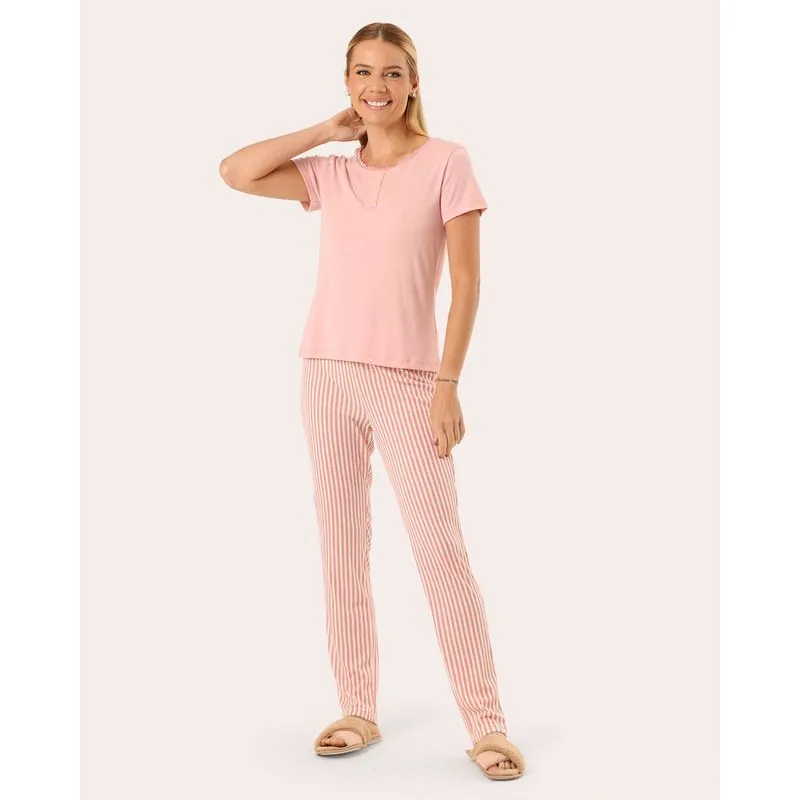 Pijama Feminino Calça Listrada Manga Curta Rosa GG