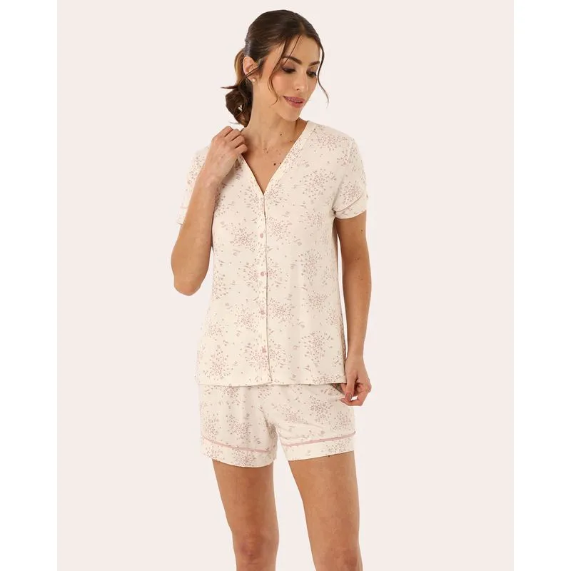 Pijama Feminino Americano Estampa Florida Off White P