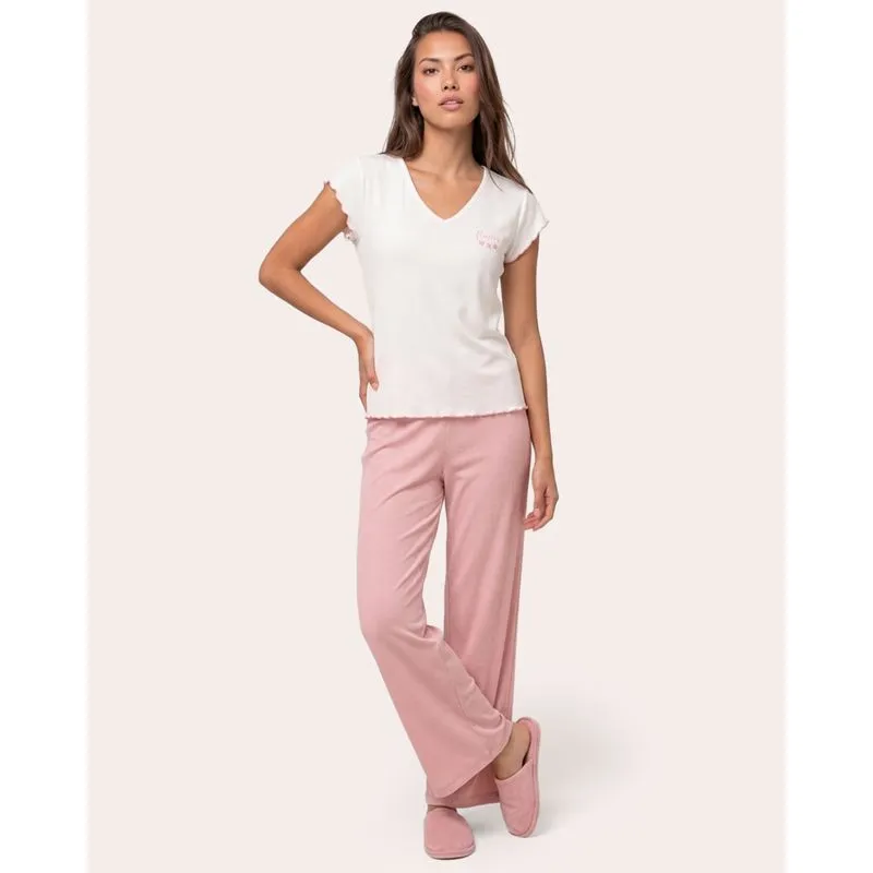 Pijama Feminina Pantacourt Ribana Fru Fru Bordado Flor Rosa PP
