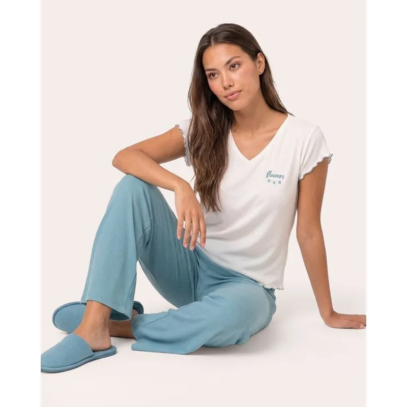 Pijama Feminina Pantacourt Canelado Fru Fru Bordado Flor Verde P