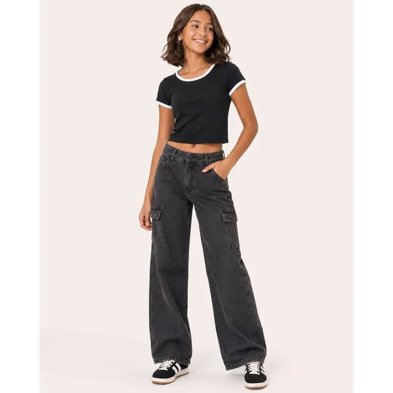 Calça Jeans Juvenil Wide Leg com Bolsos Cargo Preta 18