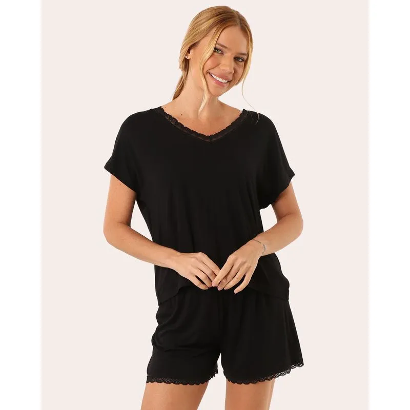 Pijama Feminino Renda Manga Curta Preto GG