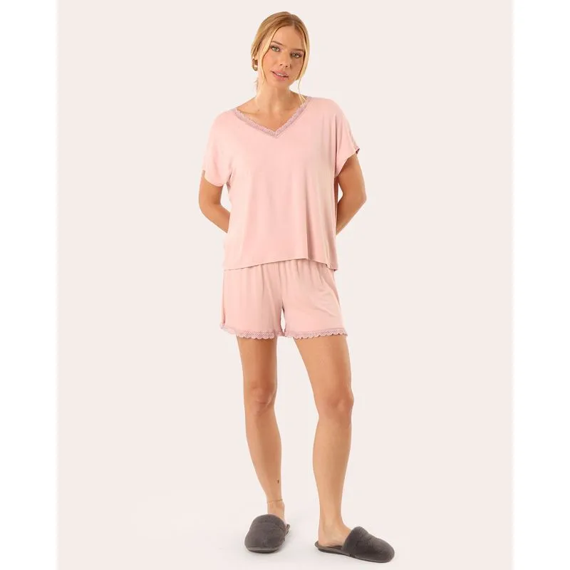 Pijama Feminino Renda Manga Curta Rosa GG
