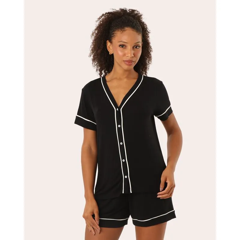 Pijama Feminino Americano Manga Curta com Viés Preto P