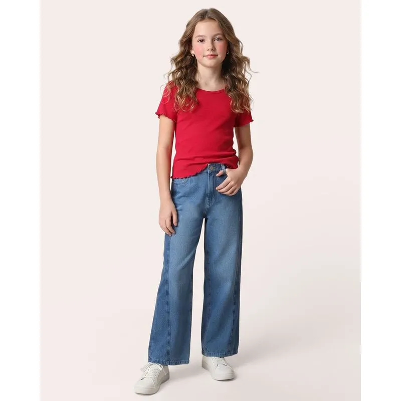 Calça Jeans Juvenil Wide Leg com Recortes Laterais Azul Médio 14