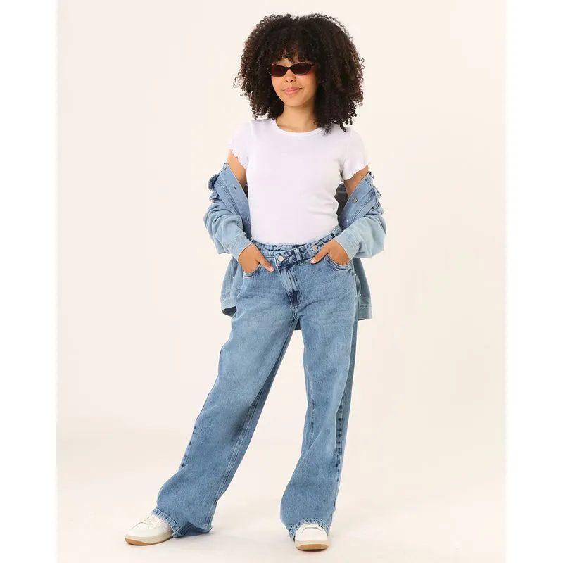 Calça Jeans Juvenil Wide Leg Cós Transversal Marmorizada Azul 12
