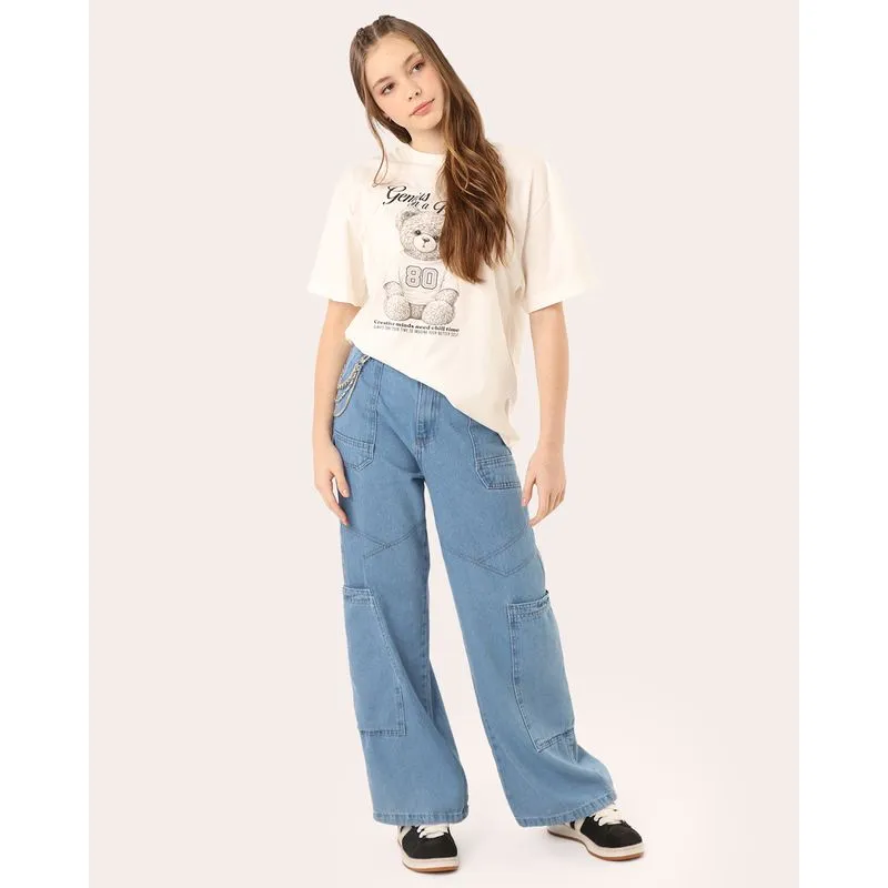 Calça Jeans Juvenil Reta com Bolsos Amplos Cargo Azul 16