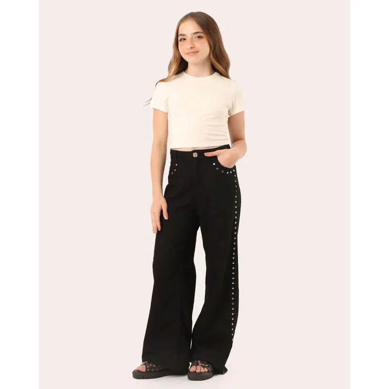 Calça Jeans Juvenil Wide Leg Com Tachas Laterais Preta 10