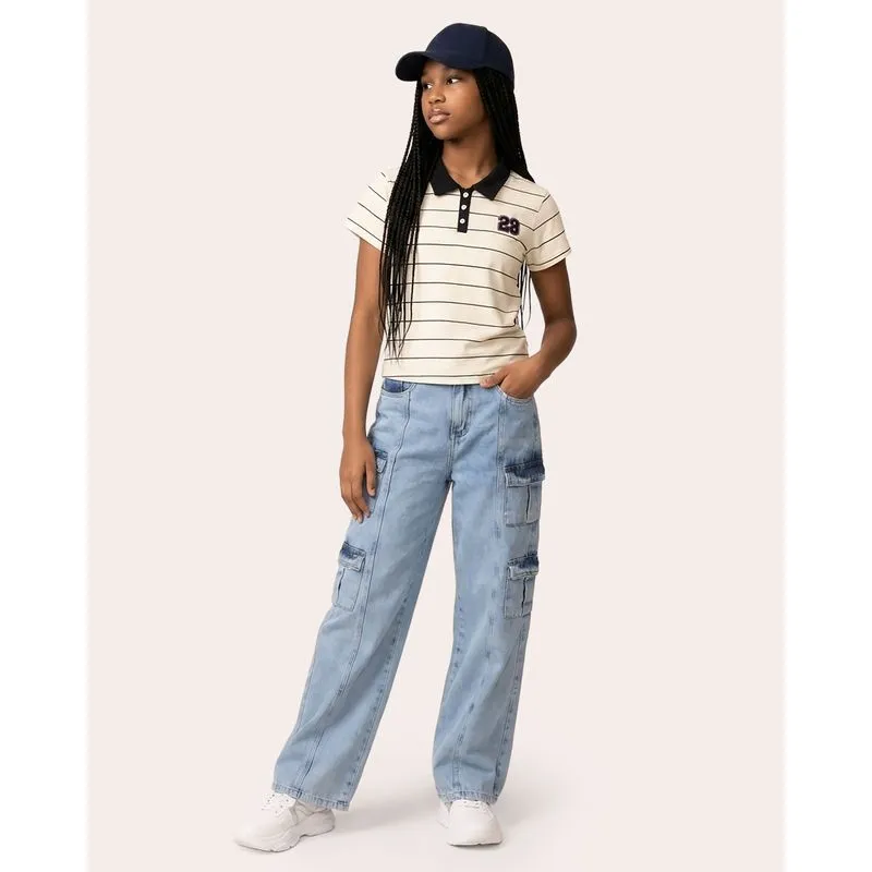 Calça Jeans Juvenil Wide Leg Bolsos Cargo Recortes Azul 16