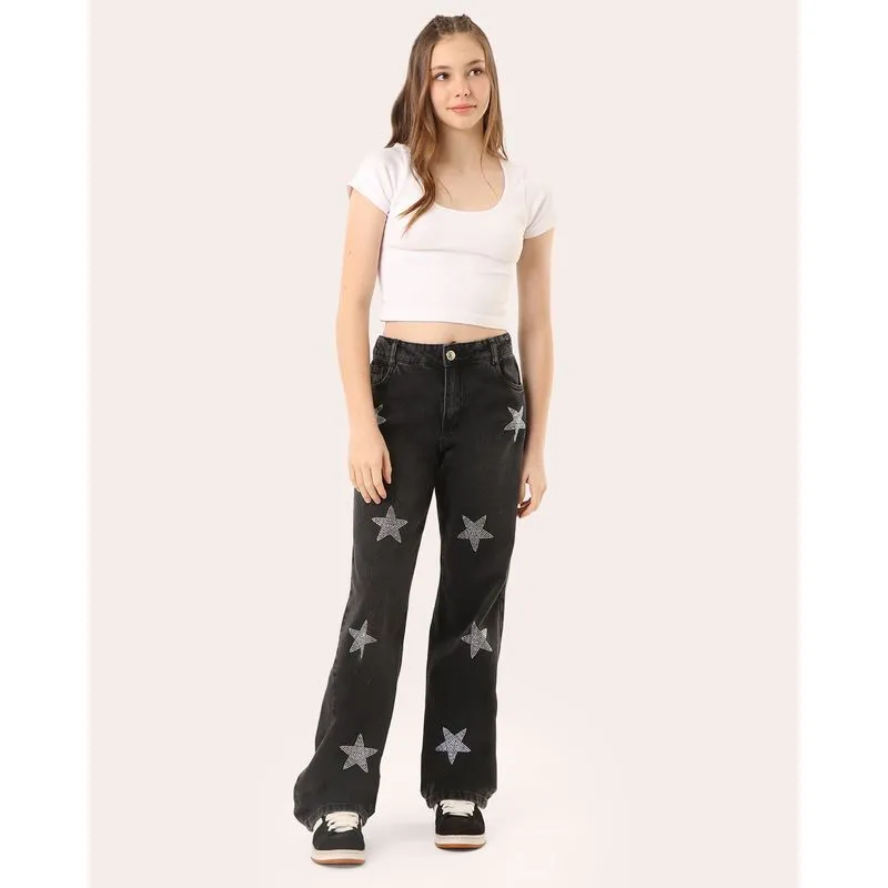 Calça Jeans Juvenil Black Reta com Aplicação Estrelas Preta 12