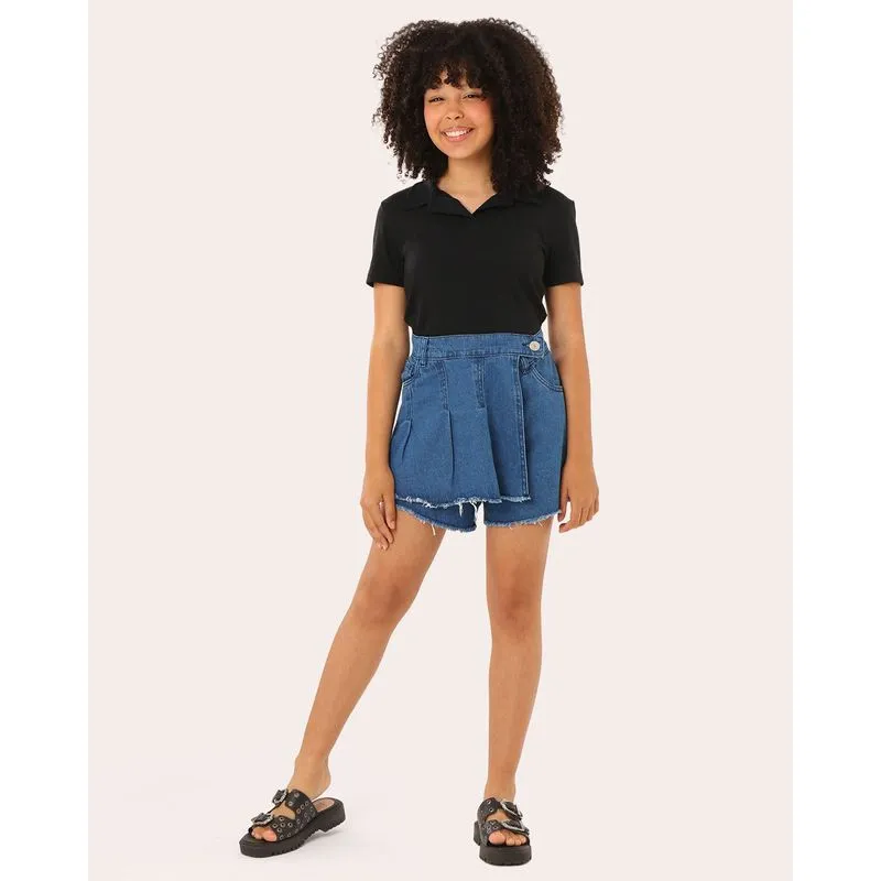 Short Saia Jeans Juvenil com Recortes Azul Escuro 6
