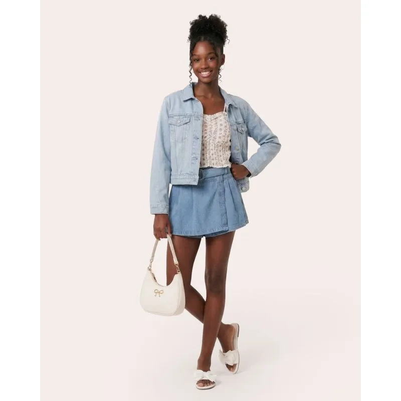 Short Saia Jeans Juvenil com Pregas Cinto Fivela Azul 14