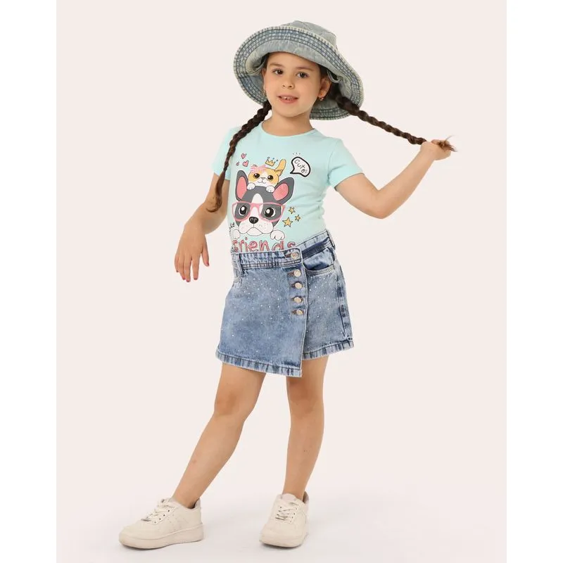 Short Saia Jeans Infantil Marmorizada com Strass Azul 4