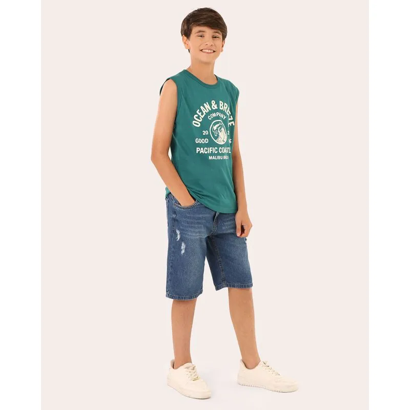 Bermuda Juvenil Jeans Estonada com Puídos Azul 10
