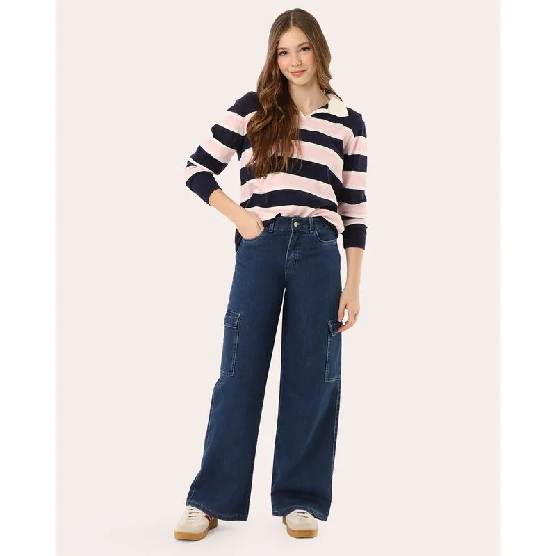 Calça Jeans Juvenil Reta com Bolsos Cargo Azul Escuro 12