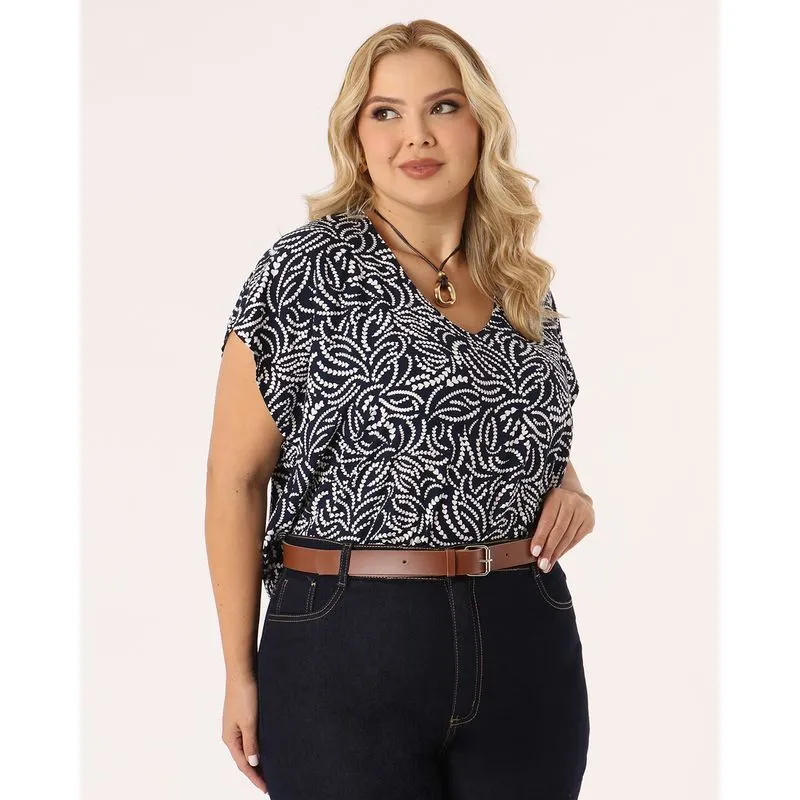 Blusa Plus Size Berry & Co. Manga Morcego Estampada Marinho G2