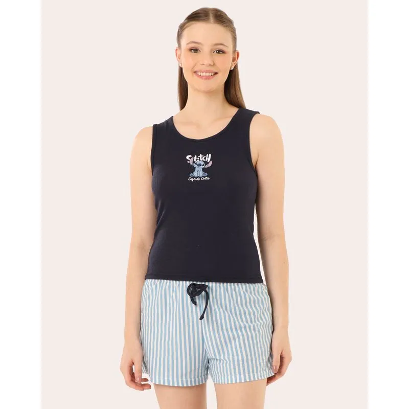 Pijama Feminino Canelado Disney Bordado Stitch Marinho P