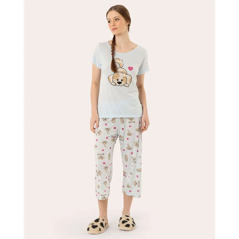 Pijama Feminino Pantacourt Estampa Cachorro Azul GG