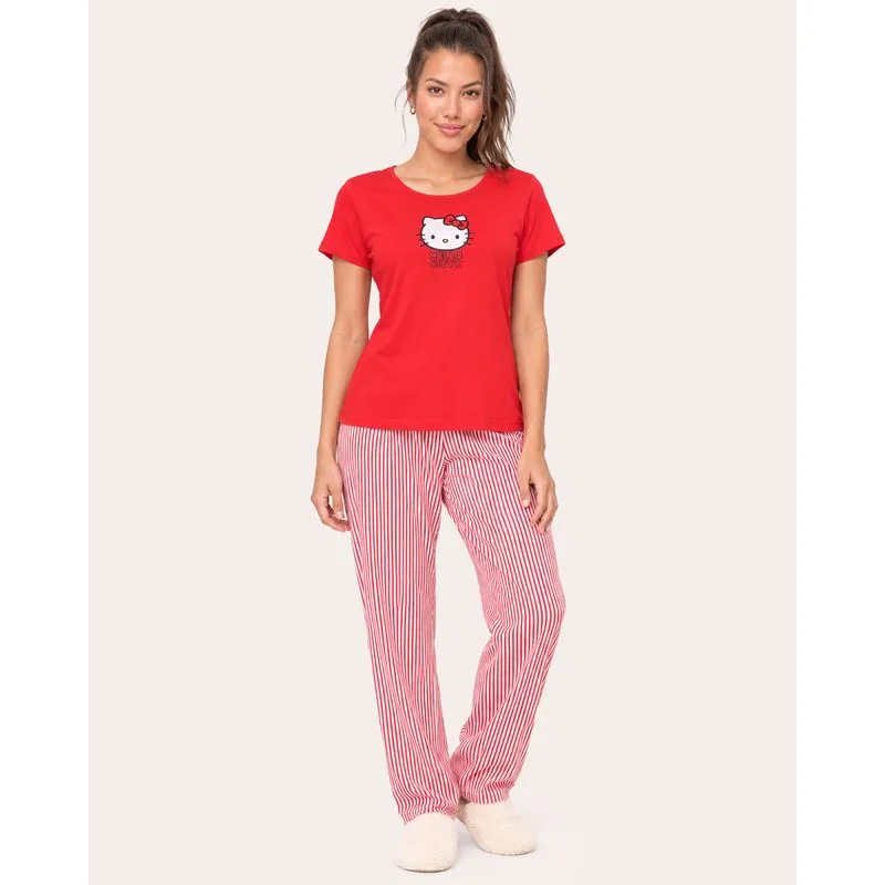 Pijama Feminino Longo Hello Kitty Listrado Vermelho P