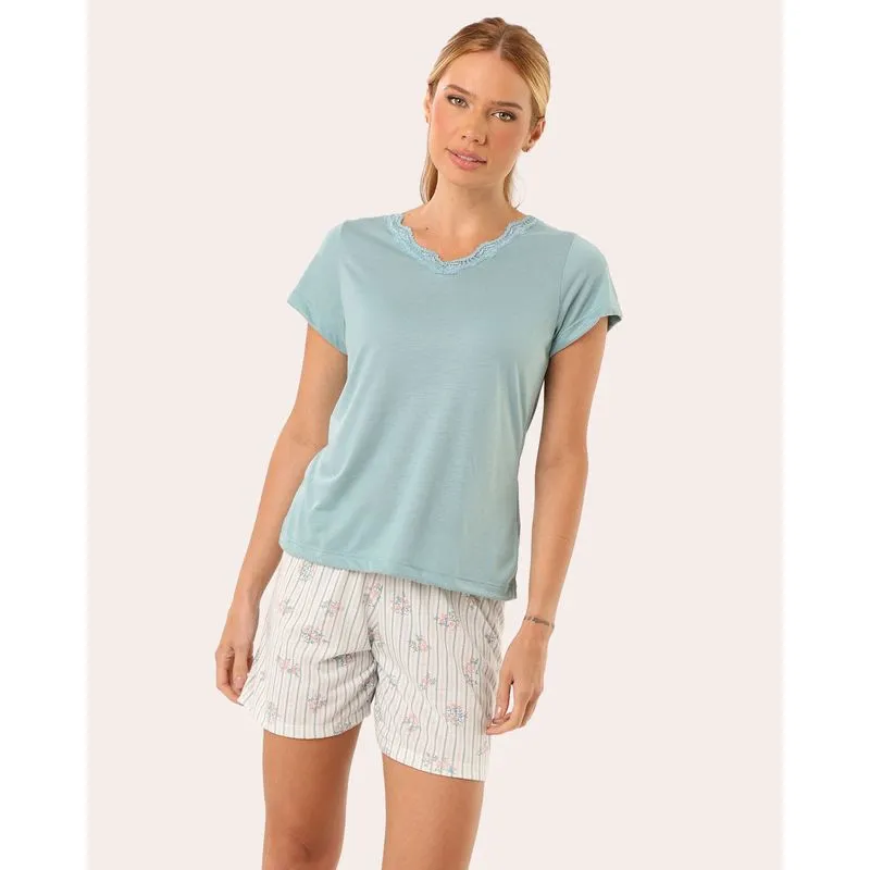 Pijama Feminino Curto com Renda Floral Verde M