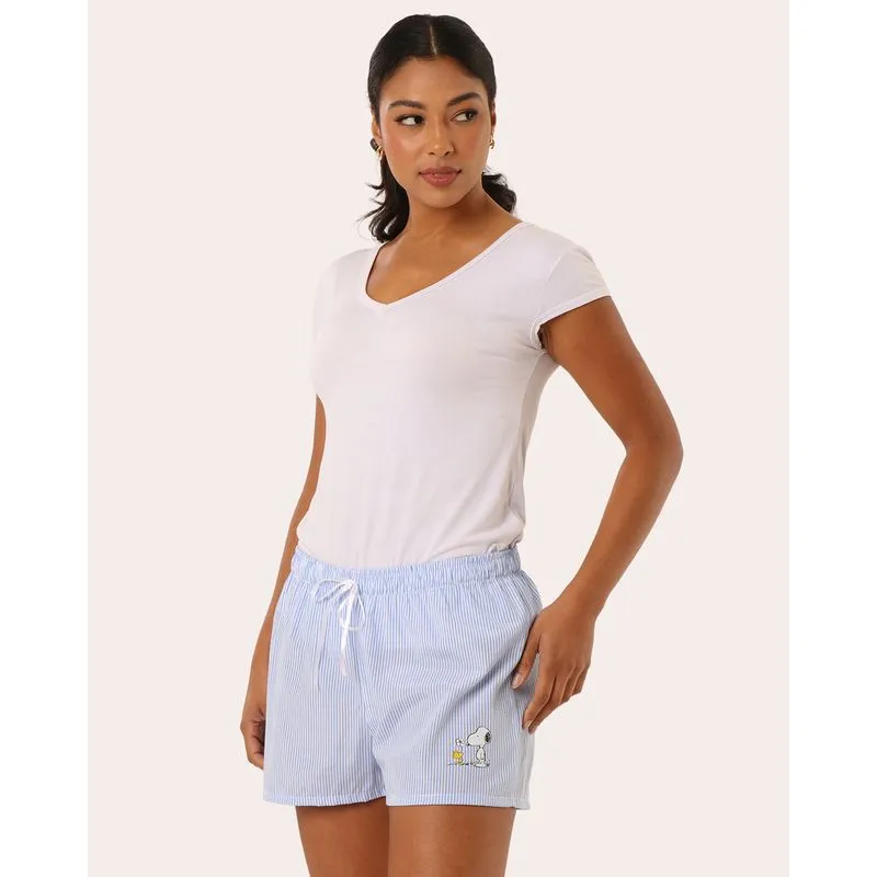 Short Pijama Feminino Peanuts Snoopy Listrado Azul PP