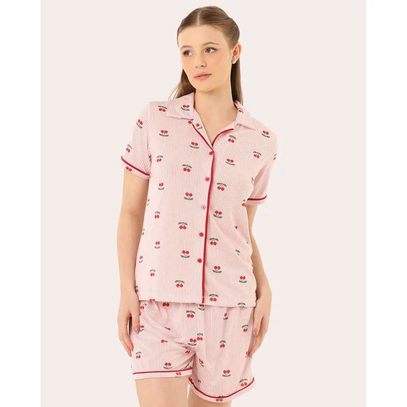 Pijama Feminino Americano Cereja Manga Curta Rosa G