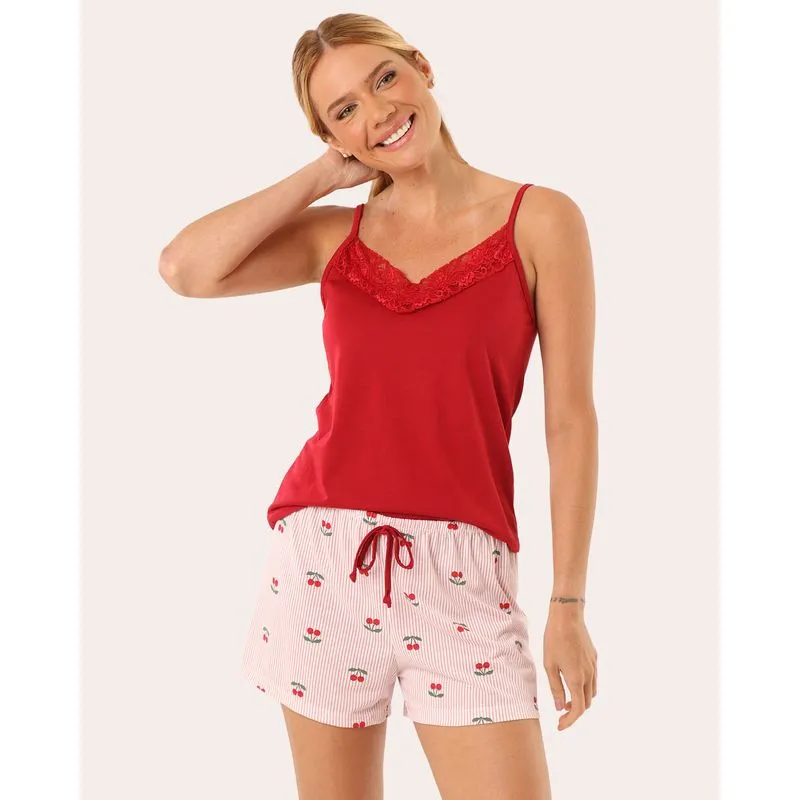Pijama Feminino Curto Renda Cerejas Vermelho P