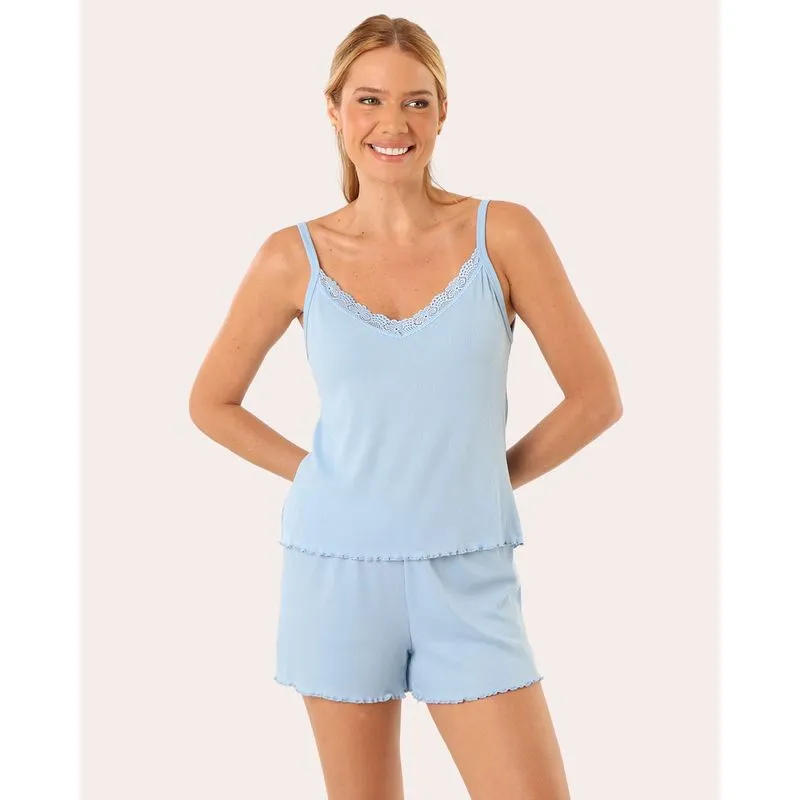Pijama Feminino Canelado com Renda Alcinha Azul M