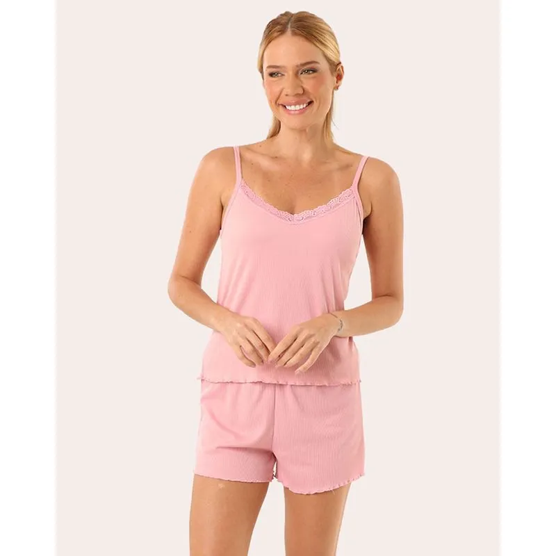 Pijama Feminino Canelado com Renda Alcinha Rosa GG