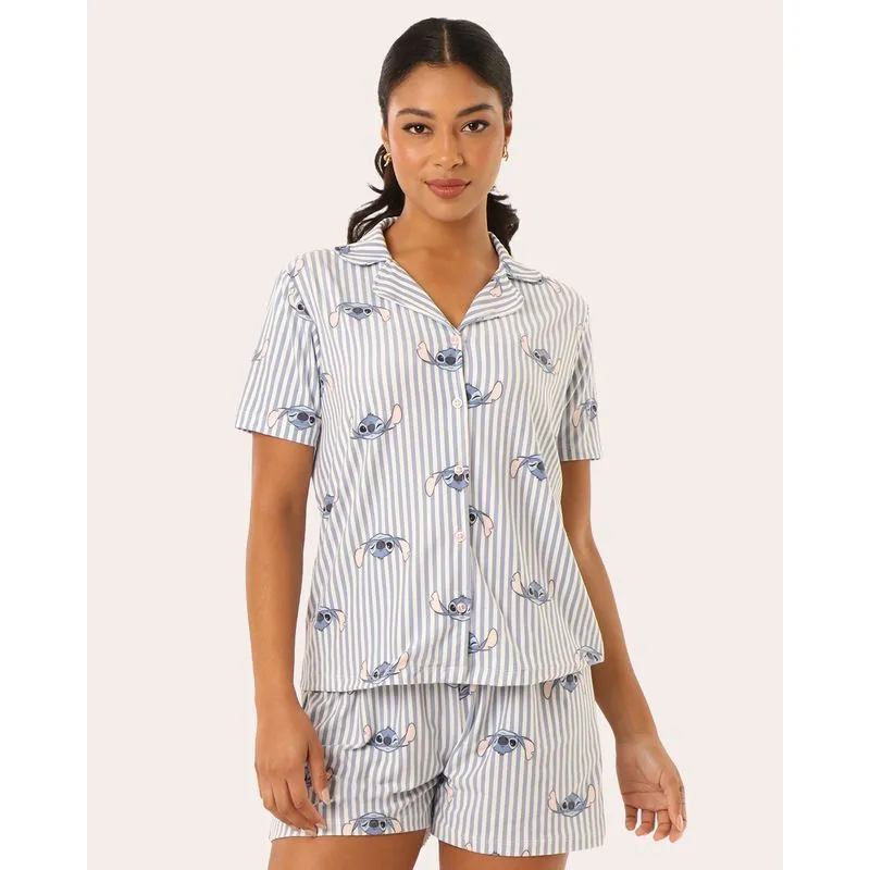 Pijama Feminino Americano Curto Disney Stitch Listrado Azul P
