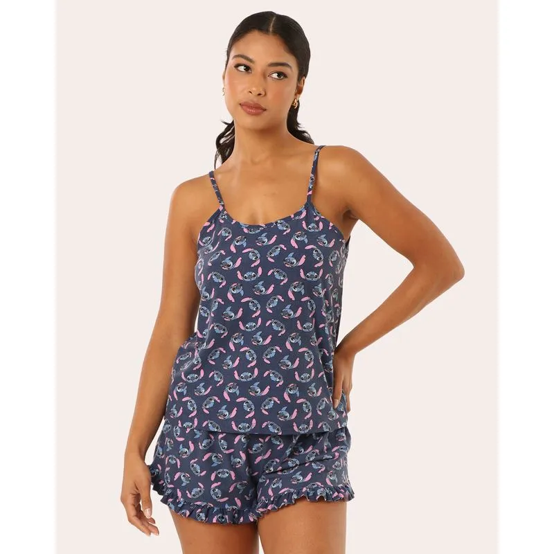 Pijama Feminino Curto Alcinha Disney Stitch Marinho G