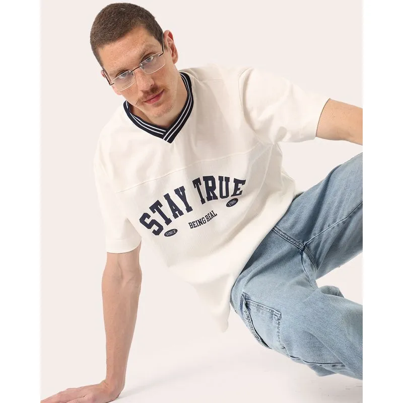Camiseta Masculina Gola Ribana Estampa Frontal Off White P